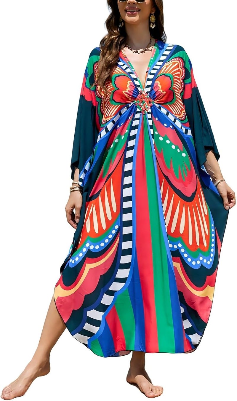 IMAGEKOPE Women's Plus Size Animal Print V-Neck Batwing Kaftan Beach Dress Bathing Suit Cover-Up Loungewear - Image 1